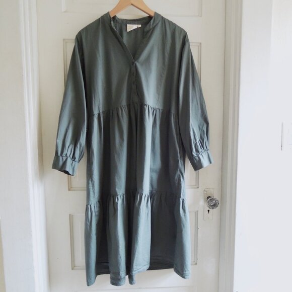 Reistor Green Ruched Midi Dress Organic Cotton L - Picture 1 of 11